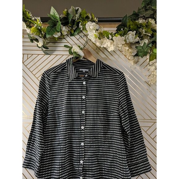 ANNA THOMAS Women's Button Up Collared Blouse Navy Blue White Cotton Size 14 - Picture 2 of 7